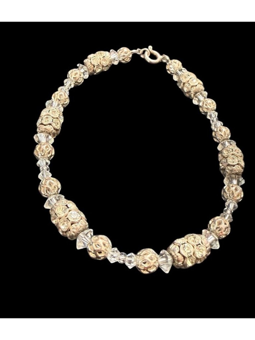 Vintage Sterling Silver Filigree Rhinestone Bead Faceted Crystal Bracelet 925